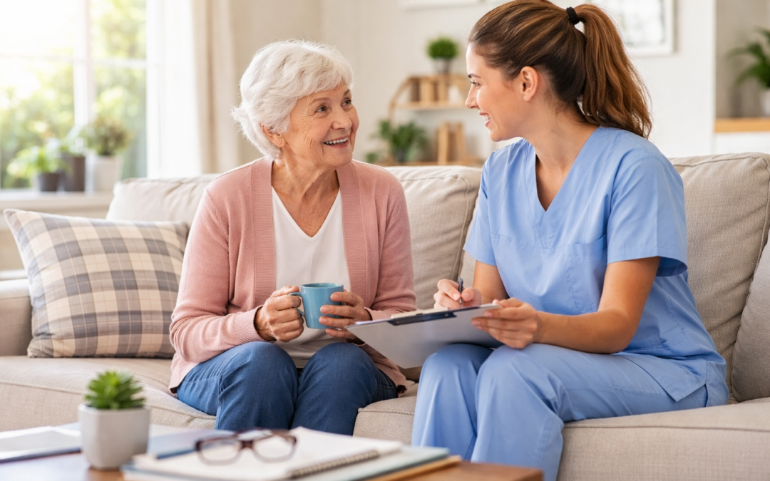 In-home caregiver sitting next to elderly woman
