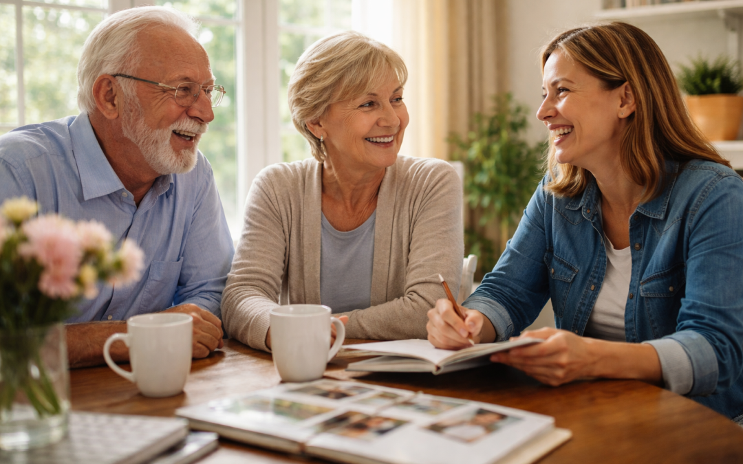 elderly parents sitting and laughing with daughter at the kitchen table